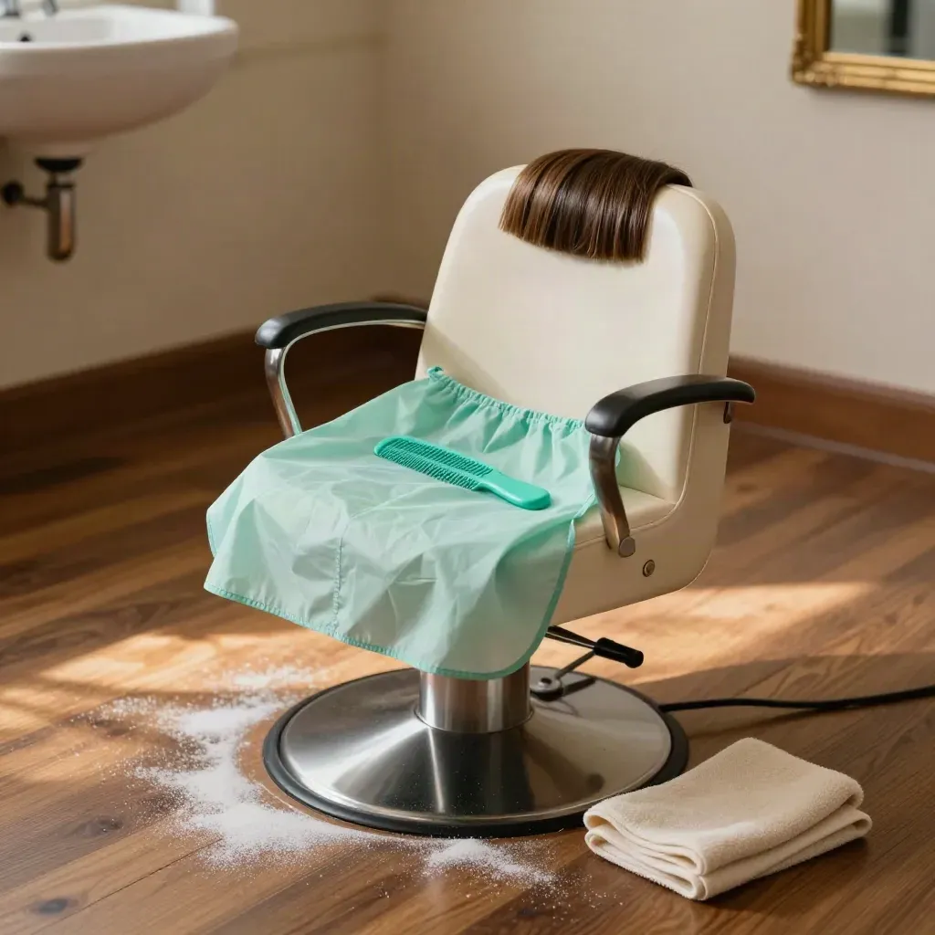 Booster chair, tiny cape, comb and practice head in a cozy salon reset after a child trim.