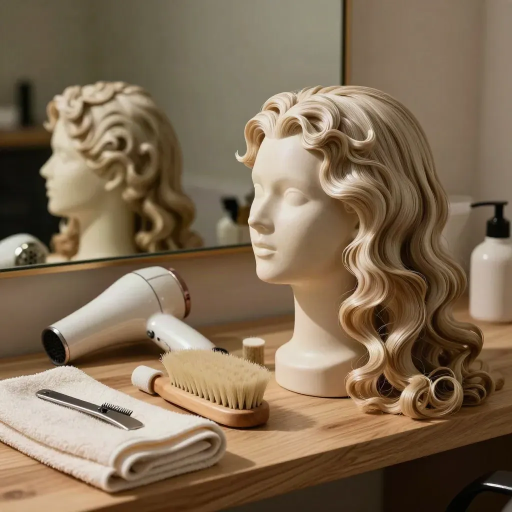 Practice head with set waves, brush, dryer nozzle and rollers in a moody salon corner.