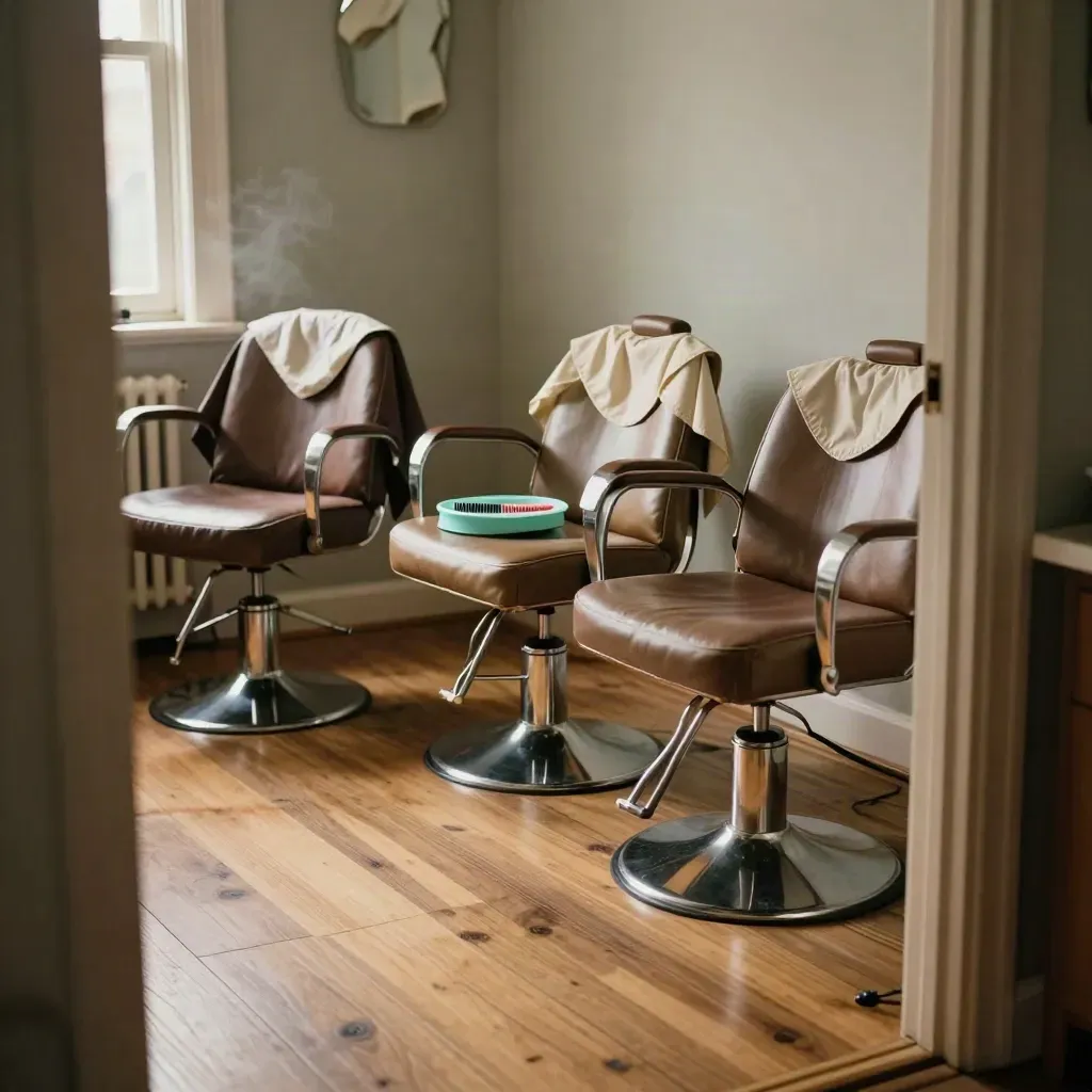 Empty family salon corner with booster chairs, folded capes and child combs