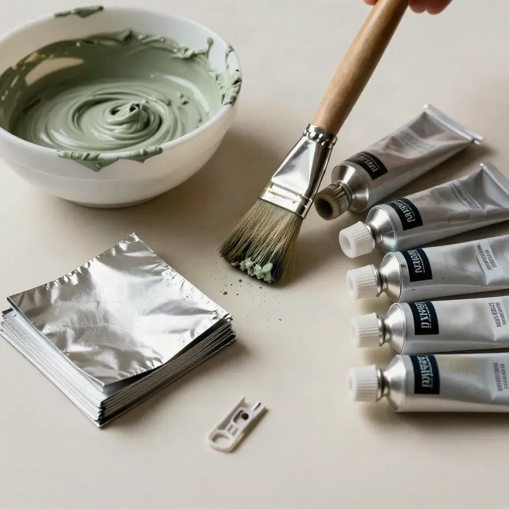 Top-down hair colour kit with brush, bowl, foil and tubes on a pale worktop