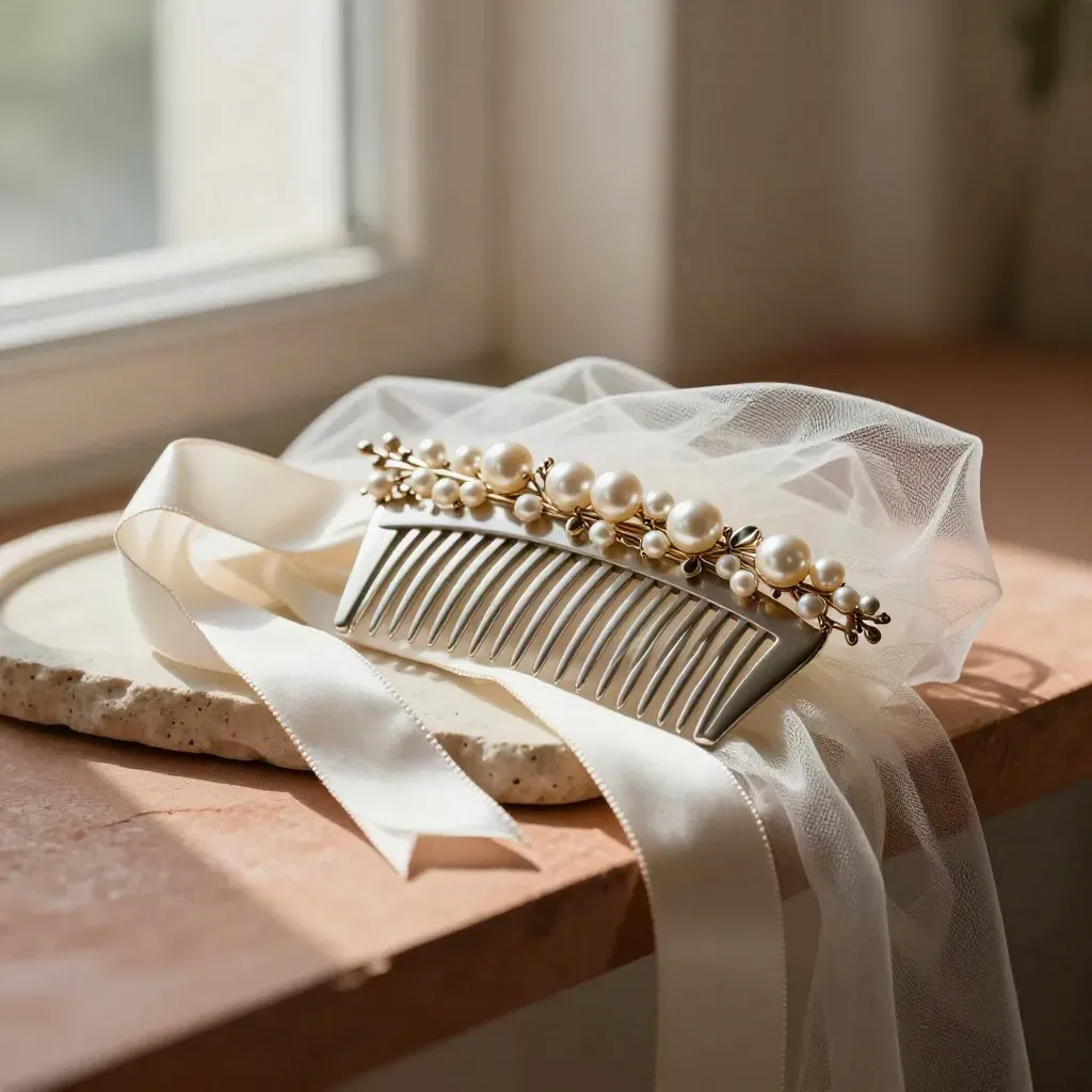 Bridal hair pins, combs, ribbon, and vine arranged in soft daylight on terracotta