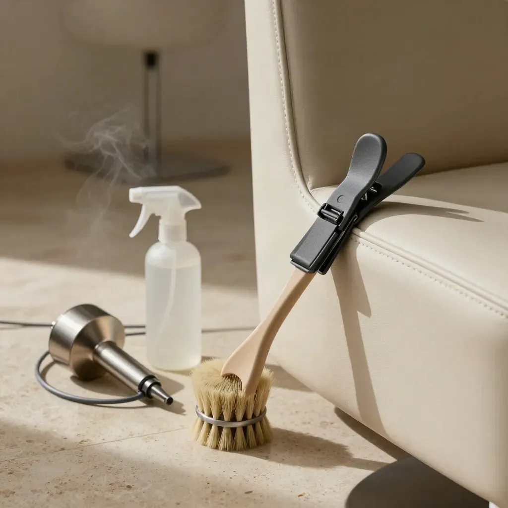 Salon chair edge with brush, spray bottle and dryer cradle on a limestone floor.
