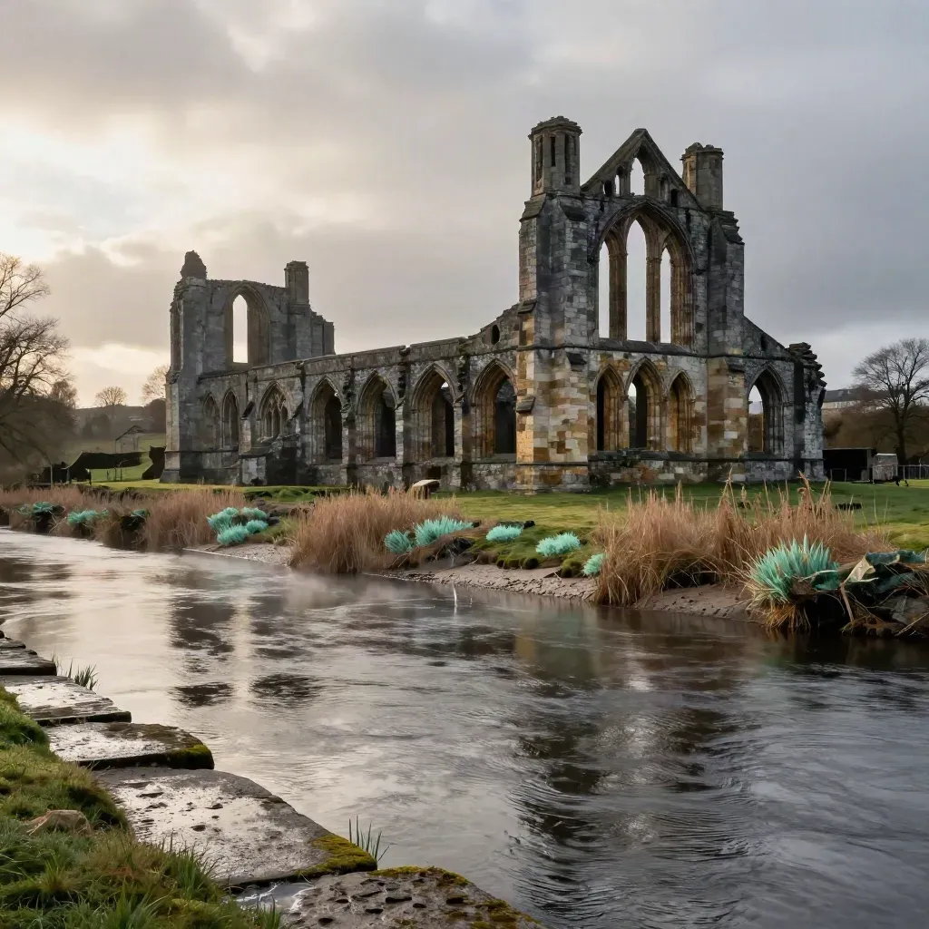 Rain-cleared Kirkstall Abbey rises above the River Aire and wet stone banks.