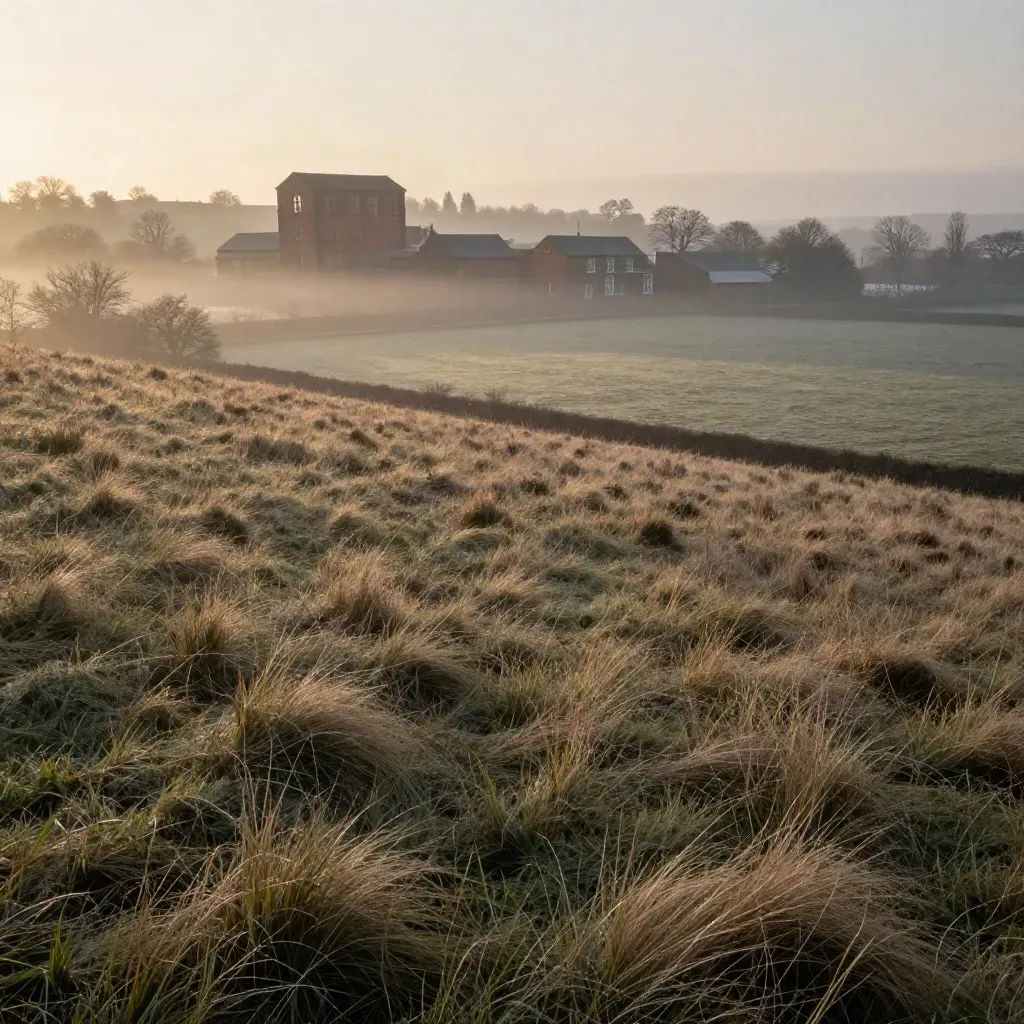 Dawn haze over South Leeds hillside with distant brick mills and open grass for copy.