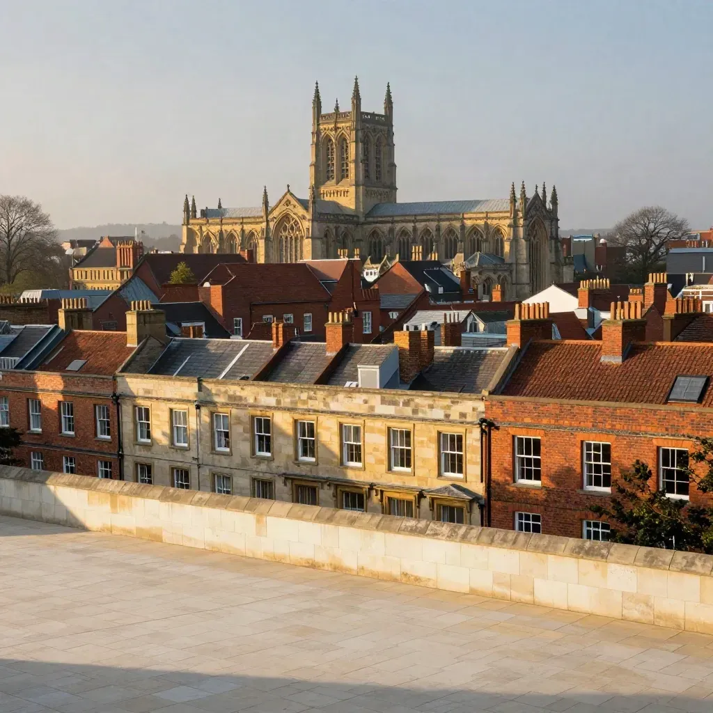 Hazy Wakefield cathedral quarter above warm sandstone paving and red brick rooftops at golden hour.